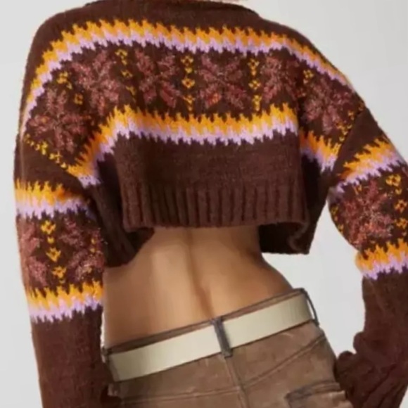 Urban Outfitters Cropped Sweater Women Size M Brown Pink Yellow FairIsle NWOT - Picture 4 of 11